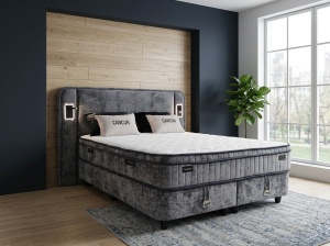 Set pat tapitat cu lada si saltea premium Cancun 160x200 cm