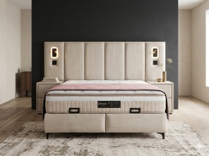 Set pat tapitat cu lada si saltea + 2 noptiere Bonaventure 160x200 cm bej