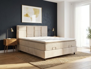 Set pat tapitat cu lada si saltea Benedict 160x200 cm crem