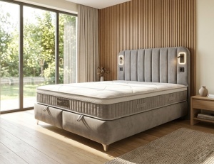 Set pat tapitat cu lada si saltea Classic 180x200 cm