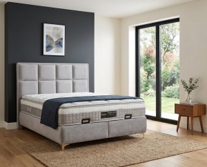 Set pat tapitat cu lada si saltea Como 180x200 cm gri