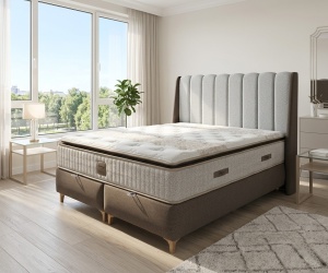 Set pat tapitat cu lada si saltea Diamond 160x200 cm