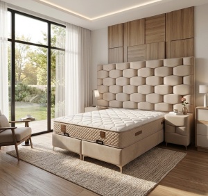 Set pat tapitat cu lada si saltea + 2 noptiere Yesim Dream 160x200 cm crem
