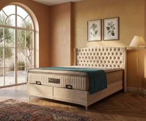 Set pat tapitat cu lada si saltea Moya 160x200 cm crem