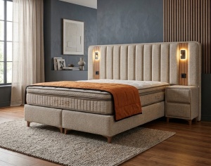 Set pat tapitat cu lada si saltea premium + 2 noptiere Shelby 180x200 cm