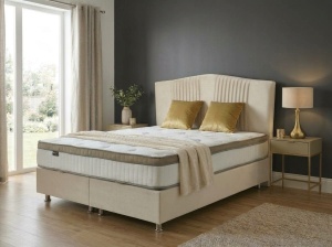 Set pat tapitat cu lada si saltea Maze 160x200 cm bej