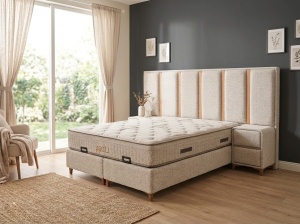 Set pat tapitat cu lada si saltea premium + 2 noptiere Lidia 160x200 cm bej