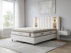 Set pat tapitat cu lada si saltea premium Mini Shelby 160x200 cm white