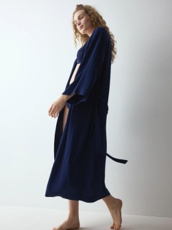 Halat lung cu cordon în talie, Triumph Amourette Jacquard Long Robe Bleumarin - Img 4