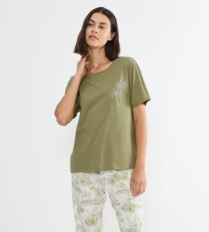 Bluză de pijama din bumbac, cu mânecă scurtă, Triumph Mix & Match Top Verde