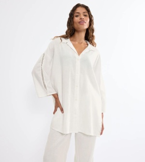 Cămașă damă din in și vâscoză, Triumph Summer Wear Boyfriend Shirt 01 Crem