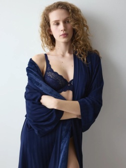 Halat lung cu cordon în talie, Triumph Amourette Jacquard Long Robe Bleumarin - Img 3