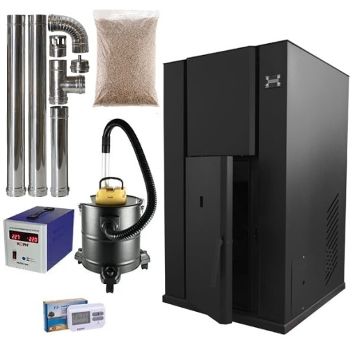 Pachet centrala peleti KOPH PM 35 KW, 230 mp, buncar peleti 80 kg, diametru cos fum ⌀100 mm, pompa recirculare si vas expansiune incorporate, Negru