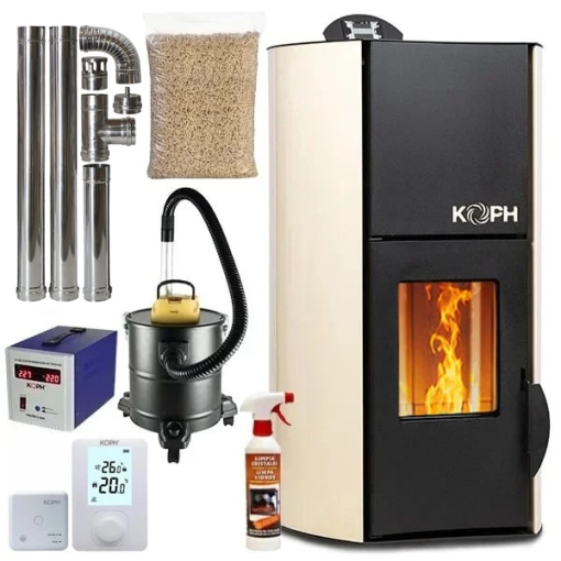Pachet termosemineu cu peleti KOPH PM 18 kW, 120 mp, buncar 15 kg, diametru cos fum ⌀80 mm, pompa recirculare si vas expansiune incorporate, Crem