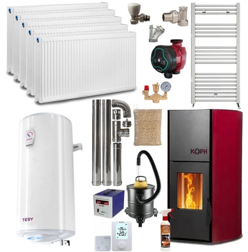 Pachet termosemineu cu peleti KOPH PM 18 kW, 120 mp, buncar 15 kg, diametru cos fum ⌀80 mm, pompa recirculare si vas expansiune incorporate, Bordo, Calorifere, Boiler termoelectric
