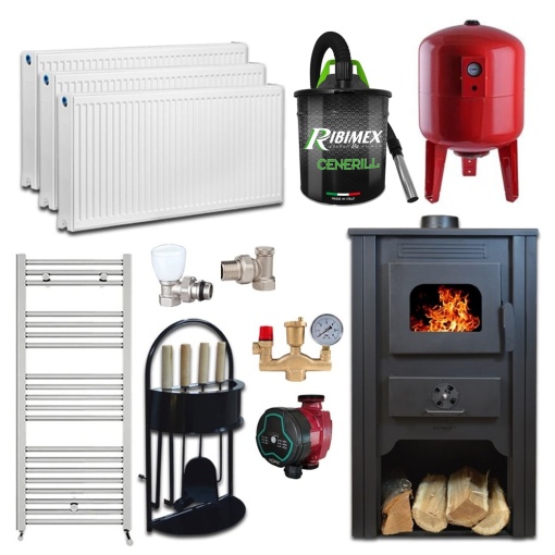 Pachet termosemineu pe lemn Termax Alma, 11.52 kW, randament 85.59%, 75 m², Rosu, Calorifere, Pompa Recirculare, Grup siguranta, Vas expansiune, Robineti tur/retur