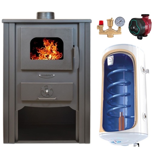 Pachet Termosemineu pe lemn Termax Decebal, 11.52 kW, randament 85.59%, 75 m², Maro, Grup siguranta, Pompa recirculare si Boiler termoelectric Tesy 80 litri