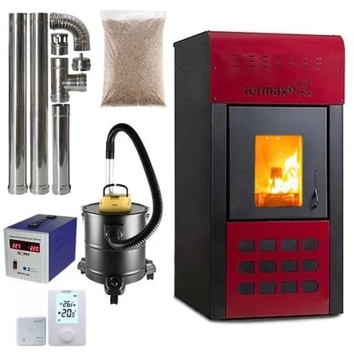 Pachet termosemineu pe peleti Termax Kamin ECO, 25 kW, 160 mp, buncar peleti 45 kg, volum apa 42 litri, diametru cos fum ⌀80 mm, vas expansiune si pompa recirculare incluse, Bordo