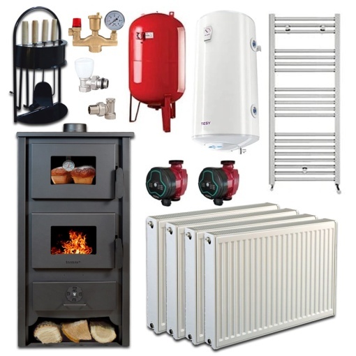Pachet Termosoba pe lemn Termax Zorile, 24.43 kW, cuptor integrat, randament 85.10%, 155 m², Bordo, Calorifere, Pompe Recirculare, Vas expansiune, Robineti tur/retur, Boiler termoelectric 100 litri si set accesorii