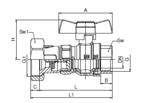 Robinet cu bilă HERZ cu olandez FI‑FI 1 ¼″ PN 16 – clapetă sens