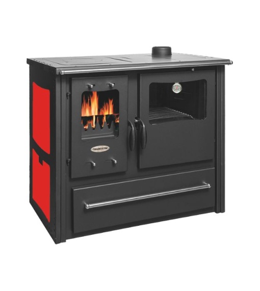 Soba pe lemn Termax Rustik, Samota, 9.5 kW, evacuare pe dreapta, cuptor integrat, randament 76.1%, 63 m², Rosu