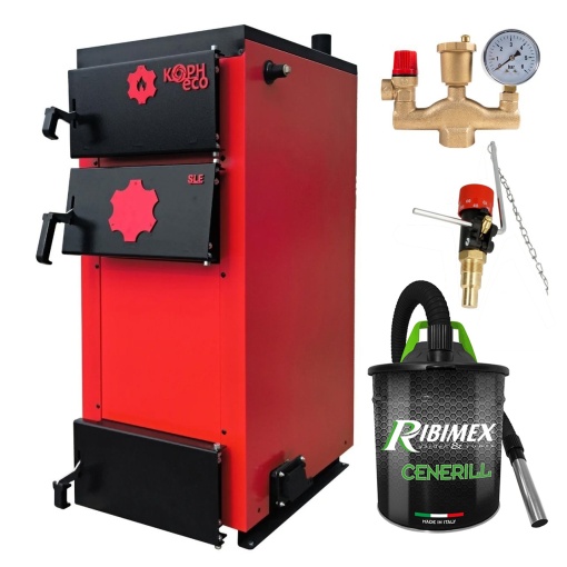Pachet Centrala/Cazan pe lemn KOPH ECO 40 kW, cu ardere standard, 250 mp, volum manta apa 91 litri, diametru cos fum ⌀179 mm, randament 86%, Grup Siguranta KOPH, Regulator de Tiraj Honeywell
