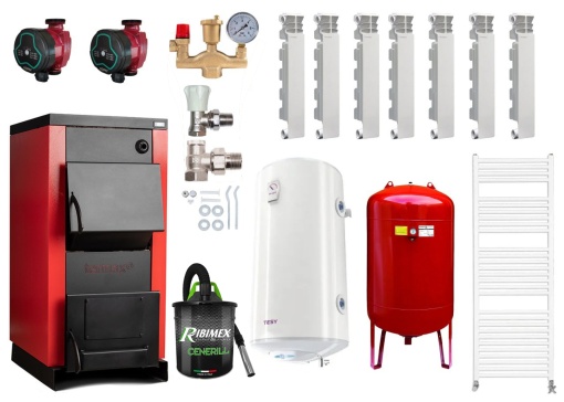 Pachet centrala/cazan pe lemn Termax 50 kW, cu ardere standard, volum manta apa 140 litri, Vas expansiune, Elementi din aluminiu Fondital, Robineti Tur/Retur