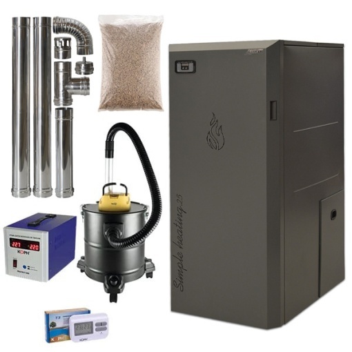 Pachet centrala cu peleti Lafat Compact 25 kW, 170 mp, buncar peleti 75 kg, volum apa 60 litri, diametru cos fum ⌀80 mm, vas expansiune si pompa recirculare incluse