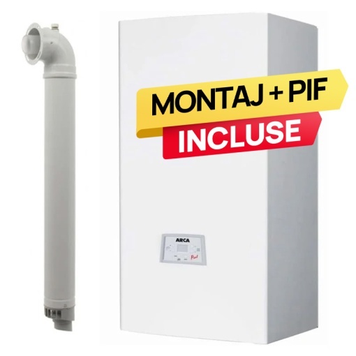 Pachet centrala termica pe gaz conventionala Arca Pixel 25F, 24 kW conventionala, tiraj fortat, incalzire si ACM, Kit de evacuare inclus + Montaj + PIF (valabil pentru NEAMT, IASI si BARLAD)