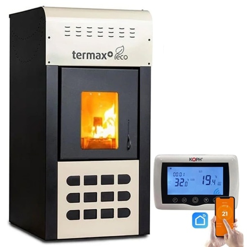 Pachet control inteligent - Termosemineu pe peleti Termax Kamin ECO, 25 kW, 160 mp, buncar peleti 45 kg, volum apa 42 litri, diametru cos fum ⌀80 mm, vas expansiune, pompa recirculare incluse, Crem si Termostat inteligent KOPH CT99 fara fir, cu WiFi