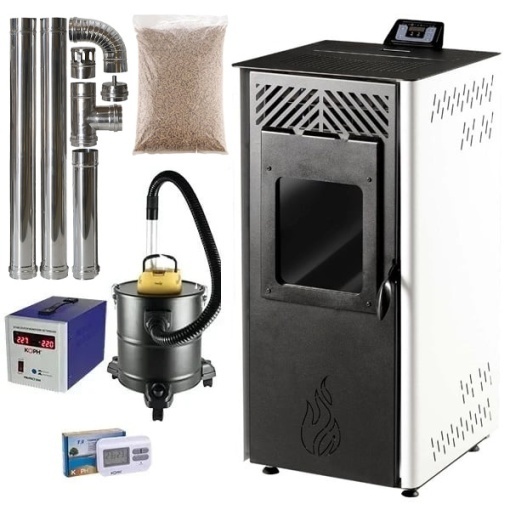 Pachet soba cu peleti TERMAX Kamin PD 10 kW, cu aer cald, 50 m², Alb