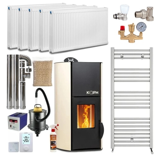 Pachet termosemineu cu peleti KOPH PM 18 kW, 120 mp, buncar 15 kg, diametru cos fum ⌀80 mm, pompa recirculare si vas expansiune incorporate, Crem, Calorifere, Grup siguranta