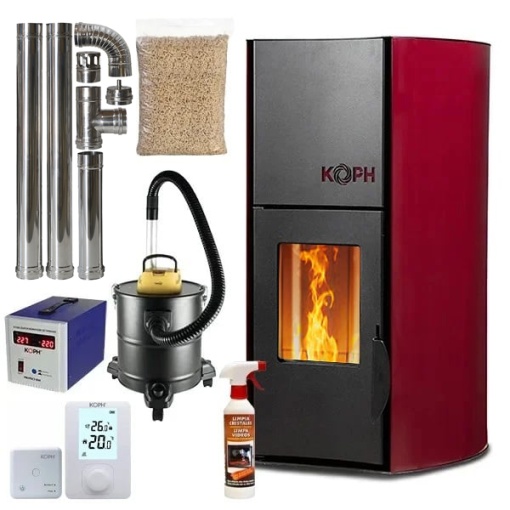 Pachet termosemineu cu peleti KOPH PM 25 kW Fiama, 160 mp, buncar peleti 25 kg, diametru cos fum ⌀80 mm, pompa recirculare si vas expansiune incorporate, Bordo