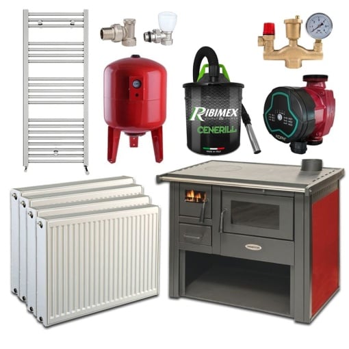 Pachet Termosoba pe lemn Termax Culina, 12.05 kW, evacuare pe dreapta, cuptor integrat, randament 85.29%, 80 m², Calorifere, Pompa Recirculare, Grup siguranta, Vas expansiune, Robineti tur/retur