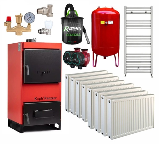 Pachet centrala/Cazan pe lemn/carbuni KOPH Panzzer 52 kW/60 kW cu regulator de tiraj inclus, Ø 160 mm, volum manta apa 100 litri, Calorifere, Pompe recirculare, Vas expansiune 50 litri