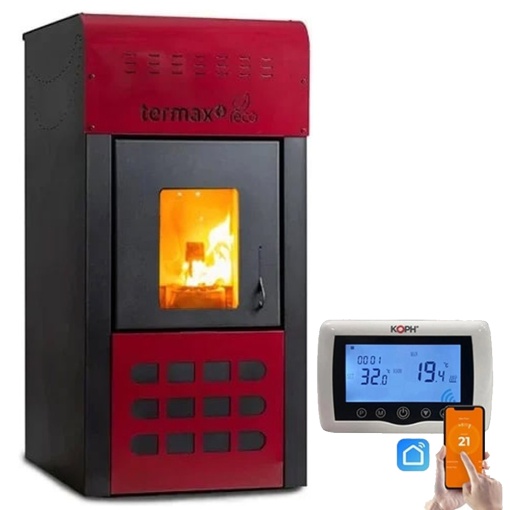 Pachet control inteligent - Termosemineu pe peleti Termax Kamin ECO, 25 kW, 160 mp, buncar peleti 45 kg, volum apa 42 litri, diametru cos fum ⌀80 mm, vas expansiune, pompa recirculare incluse, Bordo si Termostat inteligent KOPH CT99 fara fir, cu WiFi