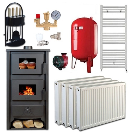 Pachet Termosoba pe lemn Termax Codru, 24.43 kW, cuptor integrat, randament 85.10%, 155 m², Negru, Calorifere, Pompa Recirculare, Vas expansiune, Robineti tur/retur si set accesorii