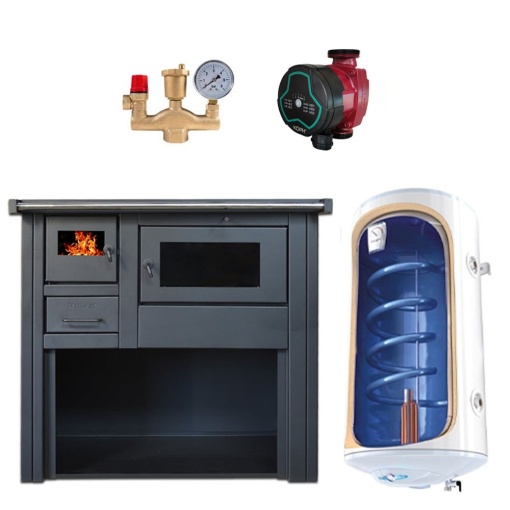 Pachet Termosoba pe lemn Termax Culina, 12.05 kW, evacuare pe dreapta, cuptor integrat, randament 85.29%, 80 m², Rosu, Grup siguranta, Pompa recirculare si Boiler termoelectric Tesy 80 litri