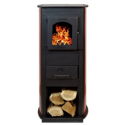 Soba pe lemn Termax Corex, 6.11 kW, evacuare spate, randament 86.49%, 40 m², spatiu depozitare lemne, Maro