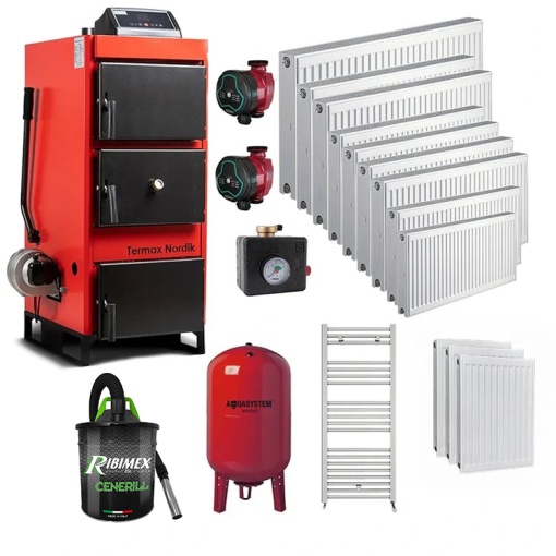 Pachet cazan pe lemn/carbune Termax Nordik 46 kW cu ventilator si automatizare, 13 Calorifere, Vase Expansiune, Grup Siguranta, Pompe Recirculare