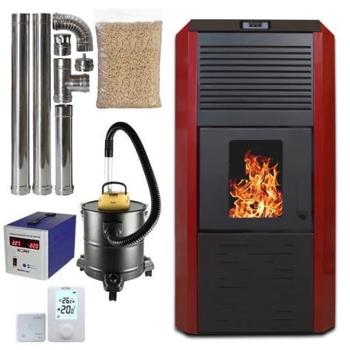 Pachet termosemineu cu peleti Termax Kamin ECO, 30 kW, 220 mp, buncar peleti 55 kg, volum apa 49 litri, diametru cos fum ⌀80 mm, vas expansiune si pompa recirculare incluse, Bordo