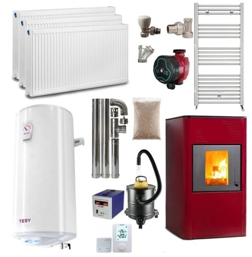Pachet termosemineu cu peleti Termax Kamin PM 15 kW, 120 mp, buncar peleti 30 kg, volum apa 30 litri, diametru cos fum ⌀80 mm, vas expansiune si pompa recirculare incluse, Bordo, Calorifere, Boiler termoelectric