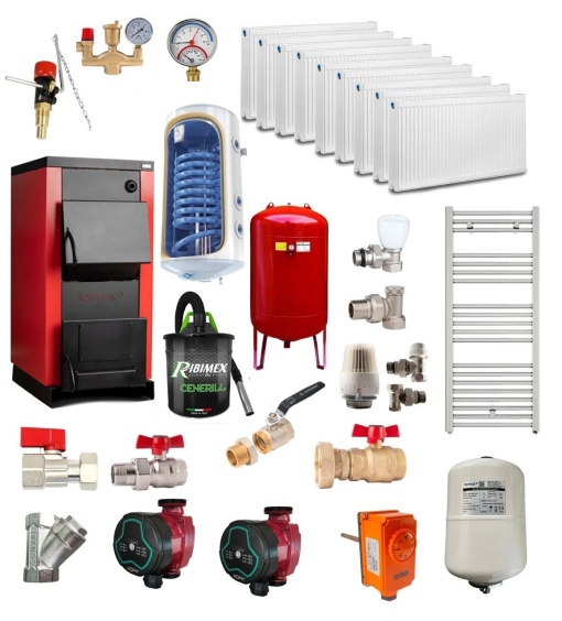 Pachet Centrala/Cazan pe lemn Termax 40 kW, cu ardere standard, volum manta apa 120 litri, Calorifere, Boiler termoelectric, Pompe recirculare, Vas expansiune