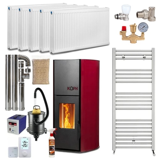 Pachet termosemineu cu peleti KOPH PM 18 kW, 120 mp, buncar 15 kg, diametru cos fum ⌀80 mm, pompa recirculare si vas expansiune incorporate, Bordo, Calorifere, Grup siguranta
