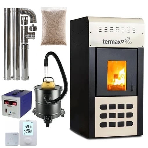 Pachet termosemineu cu peleti Termax Kamin ECO, 25 kW, 160 mp, buncar peleti 45 kg, volum apa 42 litri, diametru cos fum ⌀80 mm, vas expansiune si pompa recirculare incluse, Crem