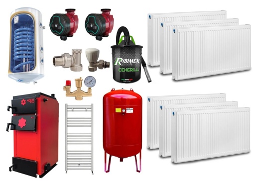 Pachet centrala/Cazan pe lemn KOPH ECO 35 kW, cu ardere standard, 210 mp, volum manta apa 87 litri, diametru cos fum ⌀179 mm, randament 86%, Calorifere, Vas Expansiune, Boiler termoelectric, Pompe Recirculare