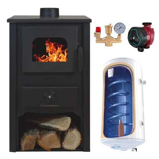 Pachet Termosemineu pe lemn Termax Vulcan, 11.52 kW, randament 85.59%, 75 m², Negru, Grup siguranta, Pompa recirculare si Boiler termoelectric Tesy 80 litri