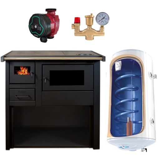 Pachet Termosoba pe lemn Termax Voinic, 12.05 kW, evacuare pe dreapta, cuptor integrat, randament 85.29%, 80 m², Negru, Grup siguranta, Pompa recirculare si Boiler termoelectric Tesy 80 litri