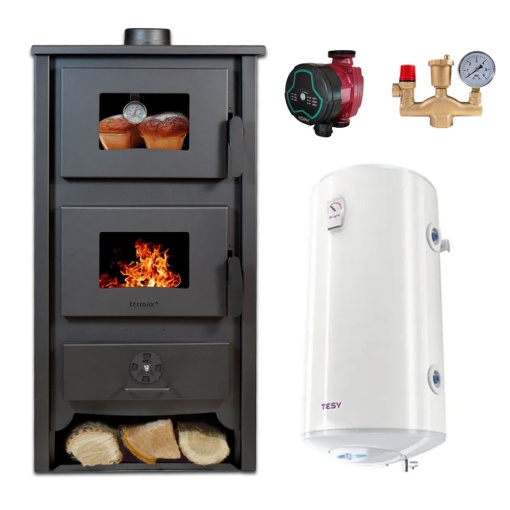 Pachet Termosoba pe lemn Termax Zorile, 24.43 kW, cuptor integrat, randament 85.10%, 155 m², Bordo, Grup siguranta, Pompa recirculare si Boiler termoelectric Tesy 100 litri