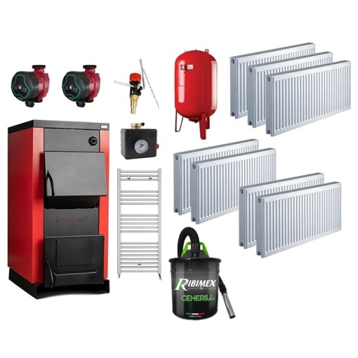 Pachet centrala pe lemn Termax 30 kW, cu ardere standard, volum manta apa 90 litri, 8 Calorifere, Pompe Recirculare, Vas expansiune 50 litri